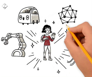 Zeichnung, Comic, in der Mitte eine junge Frau, um sie herum gezeichnete Symbole, ein Fahrzeug und ein Roboterarm, im Vordergrund: eine reale Hand hält einen Bleistift