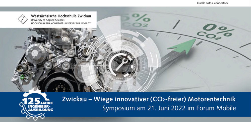 Foto: Motor, Uhrzeiger zeigt auf 0% CO2, "Zwickau - Wiege innovativer (CO2-freier) Motorentechnik"