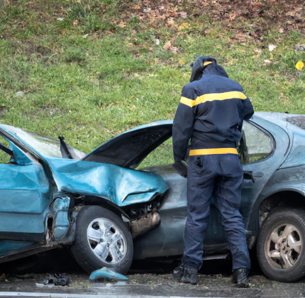 Zwei Fahrzeuge nach einem Unfall, davor eine Person, die den Schaden begutachtet. 