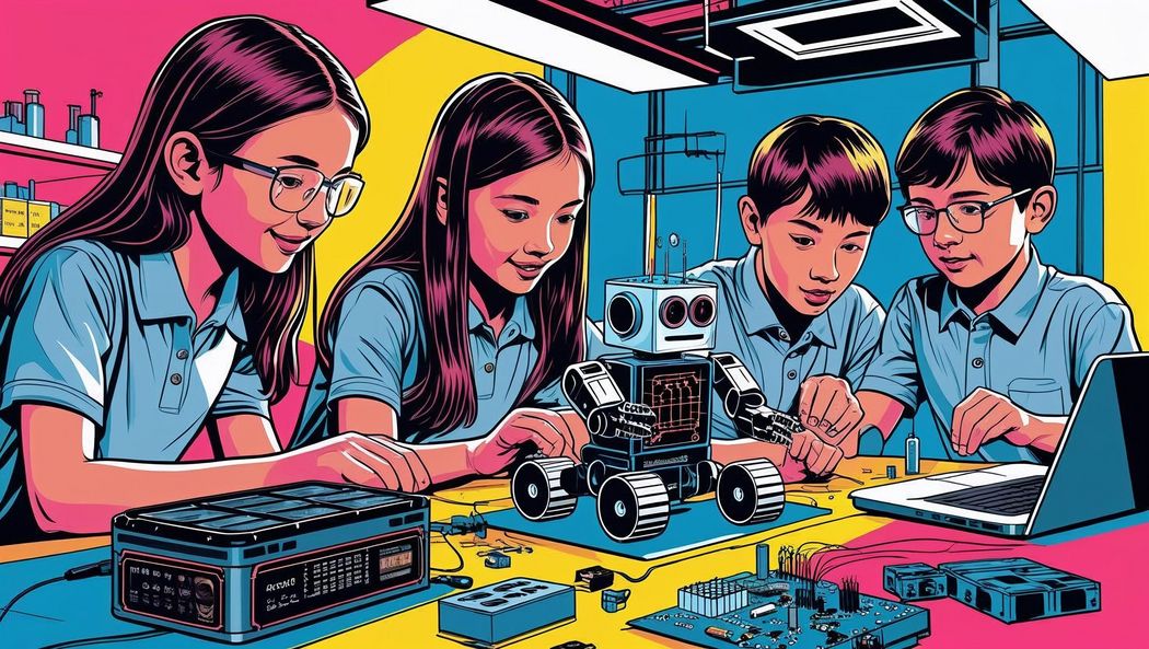 zwei mädchen und zwei jungen bauen in einem labor einen Roboter es sind auch noch powerbank mit solarzellen, ein Laptop und ein Elktrobaukasten zu sehen