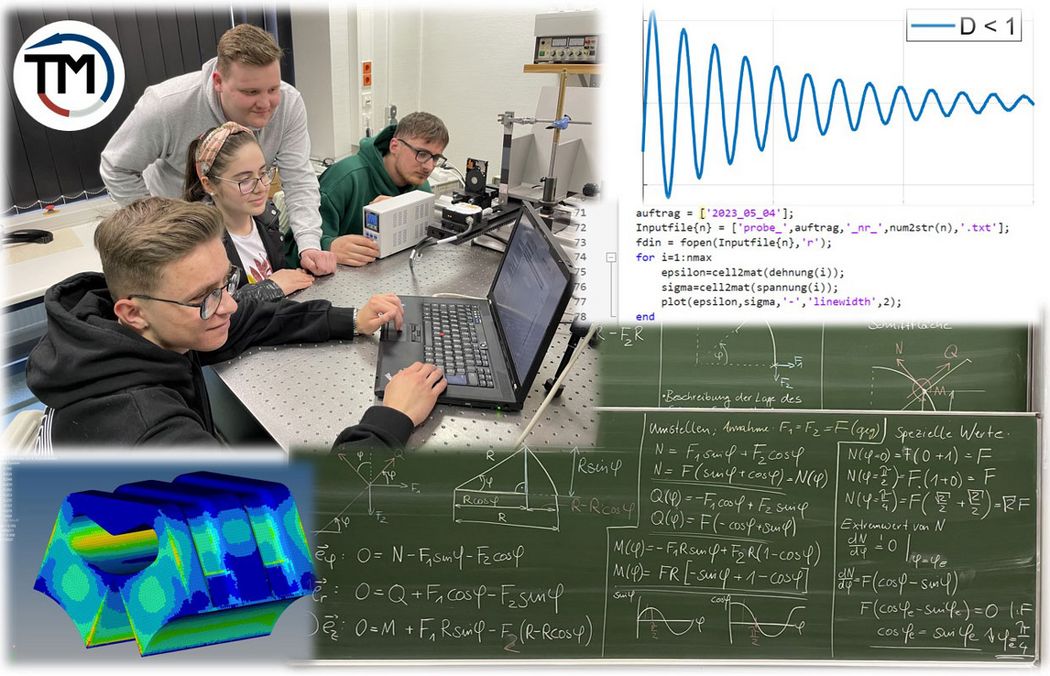 eine Collage aus Studierenden am Messrechner, einem Tafelbild mit vielen Formeln, einer Schwingungskurve aus einem Programm und einem farbiken Körper (FEM-Bild)) 