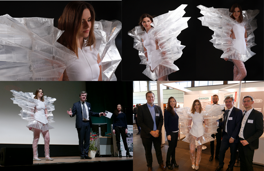 Fotocollage: Projekt der Studienrichtung Modedesign mit DuPont und Vinn:lab. Ein Model präsentiert die Kollektion.