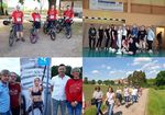 Montage aus vier Bilder zeigt vier Sportarten: Radfahren, HipHop, Kitesurfen, Wandern.