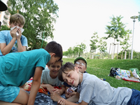 Foto: 5 Jungen in einer Wiese stehen und liegen auf einer Decke. 