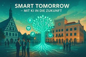 Symbolbild: Konferenz Smart Tomorrow, zu sehen ist das Logo von Smart Tomorrow und das Rathaus udn Theater von Zwickau