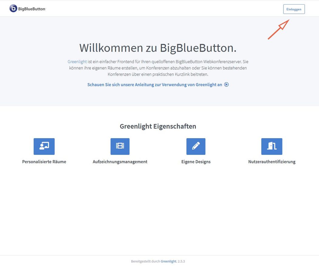 Anleitungsbild BigBlueButton: Einloggen über die Startseite.