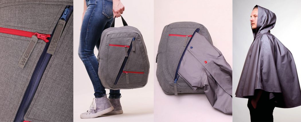Eine Collage zeigt 4 Bilder von einem grauen Rucksack mit blauen und roten Elementen. Auf dem ersten Foto wird eine Detailansicht der Fronttasche gezeigt mit blauen und roten Reißverschlüssen. Auf dem 2. Bild sieht man, wie eine Frau den Rucksack an einer Schlaufe trägt. Auf dem 3. Foto wird ein Regencape in grau gezeigt, welches aus der Fronttasche des Rucksackes herausschaut. Das Bild ganz rechts zeigt einen jungen Mann, der das Regencape trägt. 