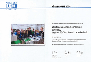 Foto: Urkunde zum Förderpreis 2018 der Wilhelm-Lorch-Stiftung an die Westsächsische Hochschule Zwickau, Institut für Textil- und Ledertechnik.