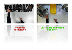 Fotocollage zum Thema LEAN Management. Blick von oben auf zwei Arme mit einem Arbeitsplatz auf einem Tisch. Ein Bild vorher und ein Bild nachher mit einem ergonomisch optimierten Arbeitsplatz.