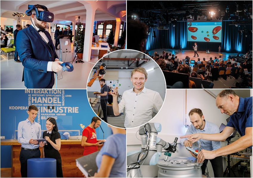 Foto: eine Fotocollage aus 5 Bildern, die alle Szenen aus der Tätigkeit von Saxony5 zeigen, z. B. einen Mann mit einer VR-Brille, Forschende im Gespräch und an einem Gerät sowie bei einem Vortrag. 