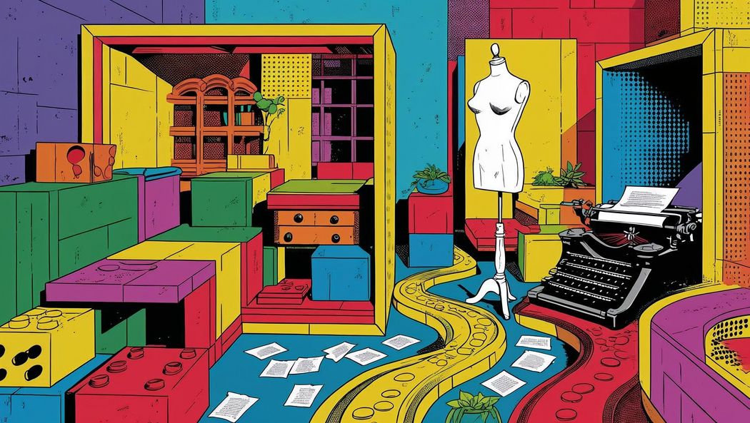 Ein mit KI erzeugtes Bild im Comic-Stil, mit Kleiderpuppe, Möbel, Zetteln und Schreibmaschine