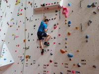 Foto: Ein Schüler in der Kletter- und Boulderhalle Zwickau hängt in einer Kletterwand.