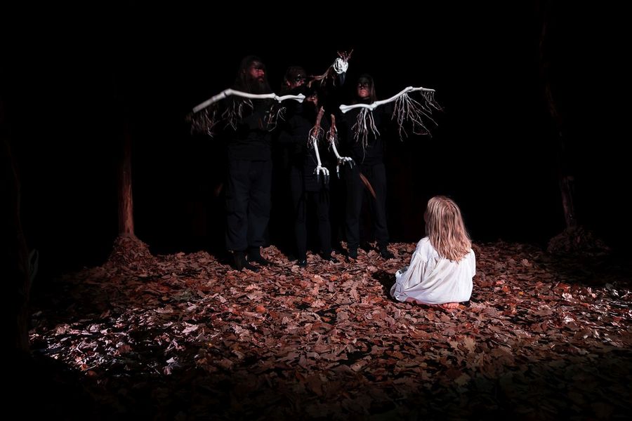 Foto: Ein Kind sitzt mit dem Rücken zur Kamera im Laub und schaut einen Vogel aus dem Figurentheaters an. 