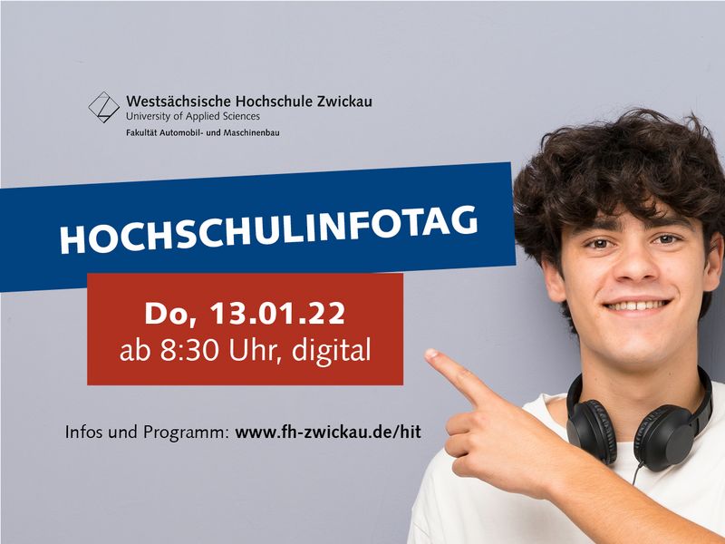 Junger Mann zeigt mit Zeigefinger auf Datum und Zeit des Hochschulinfotages