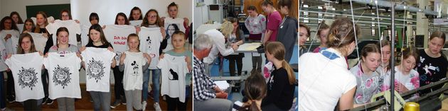 Fotoreihe: 3 Bilder. Impressionen zum GirlsDay 2017. Mädchen präsentieren ihre selbst gedruckten T-Shirts, arbeiten in Gruppen zusammen bekommen eine Maschine erklärt.