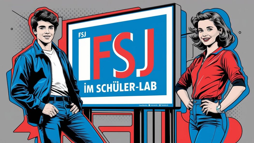 Junger Mann und junge Frau stehen neben einem grossen Bildschirm auf dem FSJ im Schueler-Lab steht