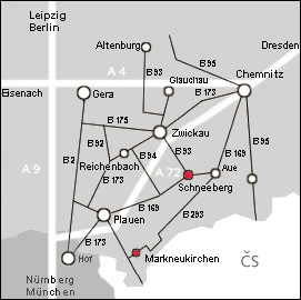 Kartenskizze: Anfahrtsplan über die Autobahnen und Bundesstraßen nach Schneeberg.