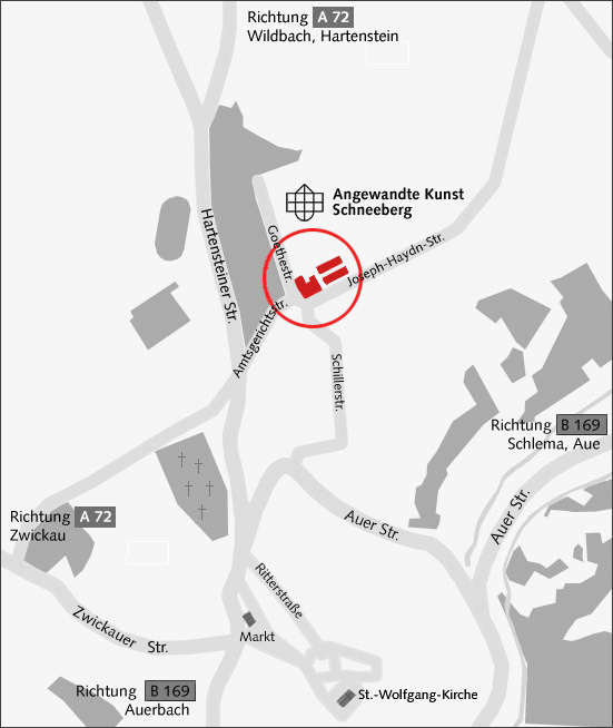 Anfahrtsplan: Stadtplan mit Straßen zu den Gebäuden am Standort Schneeberg.