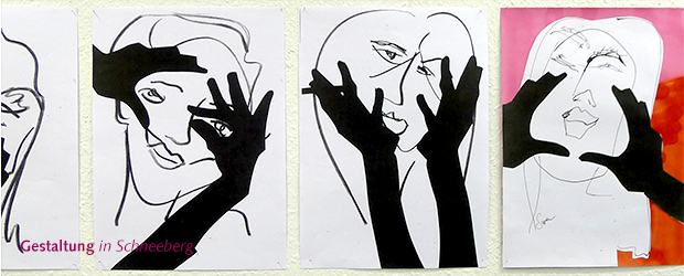 Fotoreihe: Abstrakt gemalte Gesichter werden bildlich dargestelt mit Schattenhänden berührt.