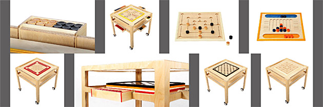 Fotocollage: Universeller Spieltbrettisch aus Holz. Abschlussarbeit Holzgestaltung 2013