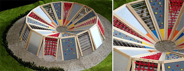 Fotoreihe: Modell eines runden modularen Spielplatzes. Abschlussarbeit Holzgestaltung 2010