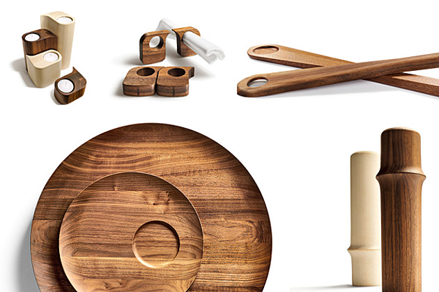 Fotocollage: Holzaccesoires für gedeckte Tische. z.B. Teller aus Holz. Abschlussarbeit Holzgestaltung 2011