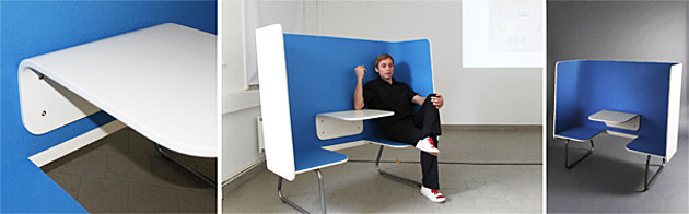 Fotoreihe: Formholzschale als Lernkabine mit Sitzfläche und Tisch. Abschlussarbeit Holzgestaltung 2012