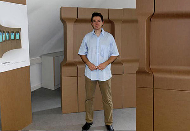 Fotoreihe: Botiyuemöbel aus Wellpappe mit unterschiedlichen Schnittmuster zum Aufbau in Läden. Abschlussarbeit Holzgestaltung 2011