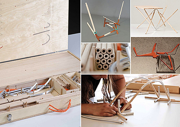 Fotocollage: Ein Holz, Metallbaukasten zur kreativen Formengestaltung. Abschlussarbeit Holzgestaltung 2015