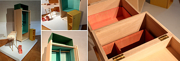 Fotocollage: Ein Kleiderschrank. Durch modulare Innenteile ist das Stauvolumen individuell veränderbar. Abschlussarbeit Holzgestaltung 2012.
