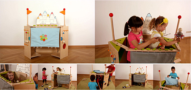 Fotocollage: Eine große Spielkiste für Kinder die universell zu unterschiedlichen Spielzwecken genutzt werden kann. Abschlussarbeit Holzgestaltung 2013