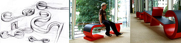 Fotoreihe: Sitzgelegenheiten deren Formen aus Buchstaben bestehen. Abschlussarbeit Holzgestaltung 2008