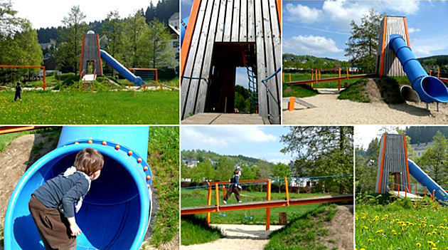 Fotocollage: Spielplatzprojekt. Ein nachempfundener Förderturm im Bergbau mit einer Rutsche. Abschlussarbeit Holzgestaltung 2008.