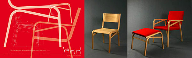 Fotoreihe: Ein Holzstuhl mit ergonomischer Sitzfläche und Rückenlehne. Abschlussarbeit Holzgestaltung 2009.