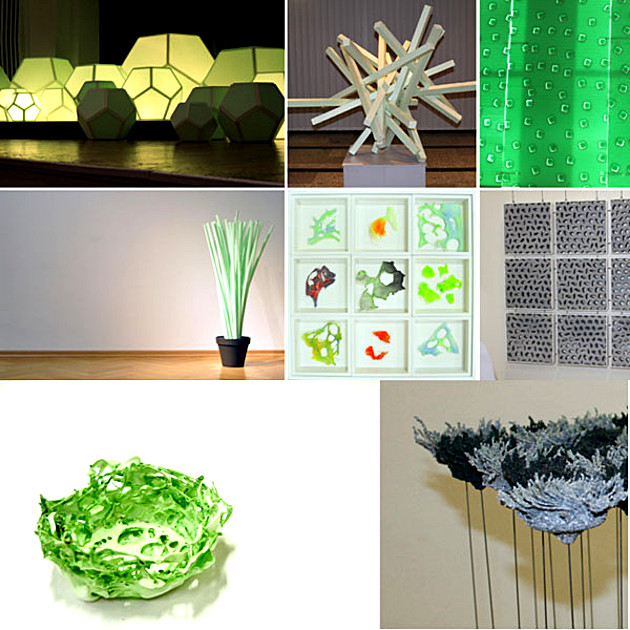 Fotocollage: Künstlerische Gestaltungen aus Plastik, den Schaumstoffen und Granulaten für die Kunststoffindustrie und deren Verwandlung zu anwendungsorientierten Objekten. Projekt Holzgestaltung 2011, 6. Semester - Modul AKS 230/231 – Prototyp-Entwicklung.