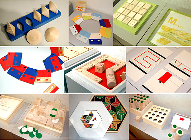 Fotocollage: Spielsteine und Spielbretter für Menschen mit Sehbeeinträchtigungen. Projekt Holzgestaltung 2009, 1. Semester - Modul AKS 220 – Grundlagen der Holzgestaltung