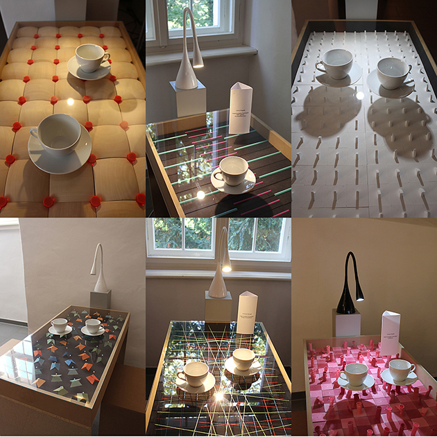 Fotocollage: Tische mit Glasplatte und darunter einen schmalen Hohlraum. Darin verschiedene Designvarianten und Muster. Studie zu Design und Illusion. 