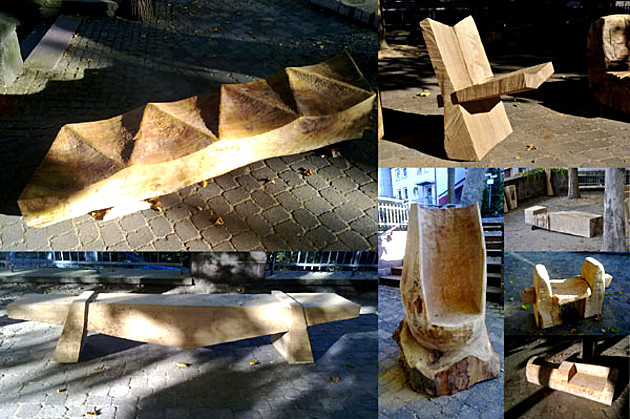 Fotocollage: Entstandene Objekte durch Abtragen und Wegschneiden von Holz. Projekt Holzgestaltung 2012, 4. Semester - Modul AKS 234 – Projekt H2 / Foto 2.