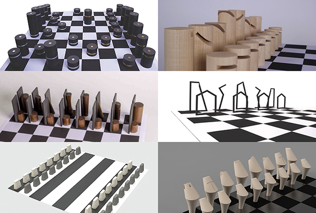 Fotocollage: Sechs Schachbretter mit unterschiedlichen Figurendesigns.