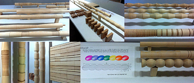 Fotocollage: Verschieden Formen und Beipiele unterschiedlicher Handläufe und Paneelen. Projekt Holzgestaltung 2013, 1. Semester - Modul AKS 220 – Grundlagen der Holzgestaltung