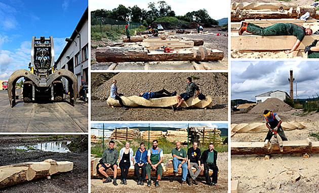 Fotocollage: Kettensägenseminar im Südharz. Gruppenbild der Seminargruppe und verschiedene Abbildungen einzeln gestalteter Objekte. Projekt Holzgestaltung 2015, 6. Semester - Modul AKS 220 – Grundlagen der Holzgestaltung / Foto 1.