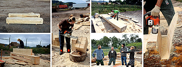 Fotocollage: Kettensägenseminar im Südharz. Die Seminarteilnehmer bei ihren einzelnen arbeiten an den verschiedenen Objekten. Projekt Holzgestaltung 2015, 6. Semester - Modul AKS 220 – Grundlagen der Holzgestaltung / Foto 2