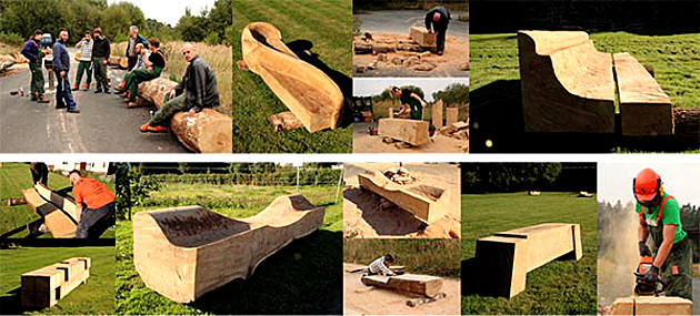 Fotocollage: Kettensägenseminar im Südharz. Die Seminarteilnehmer bei ihren einzelnen arbeiten an den verschiedenen Objekten. Projekt Holzgestaltung 2013, 1. Semester - Modul AKS 220 – Grundlagen der Holzgestaltung