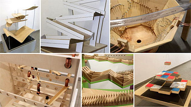 Fotocollage: Sechs Varianten von Kugelbahnen. Projekt Holzgestaltung 2012, 4. Semester - Modul AKS 226 – Holzkonstruktion und Gestaltbild