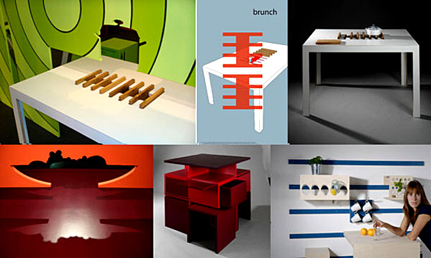 Fotocollage 2: Leichte Küche. Ein Möbelprojekt in farbenfroher Anmutung. Ensemble an Möbel für den Küchenbereich. Projekt Holzgestaltung 2008, 4. Semester Modul AKS 229 – Produkt- und Objektentwicklung als Ergebnis experimenteller Untersuchungen / Foto 2