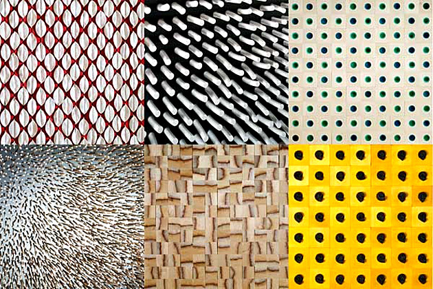 Fotocollage: Abbildungen von neuartigen Oberflächenstudien. Projekt Holzgestaltung 2006, 3. Semester - Modul AKS 224 – Materialästhetik