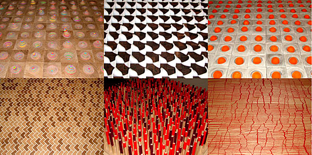 Fotocollage: Oberflächenstrukturen. Holz in Kombination mit anderen Materialien. Projekt Holzgestaltung 2009, 3. Semester - Modul AKS 224 – Materialästhetik