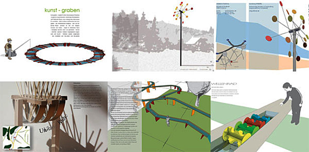 Fotocollage: Skulpturen für Wind und Wasser. Windräder, Schaukelobjekte, Wasserspiele etc. Projekt Holzgestaltung 2008, 4. Semester Modul AKS 229 – Produkt- und Objektentwicklung als Ergebnis experimenteller Untersuchungen