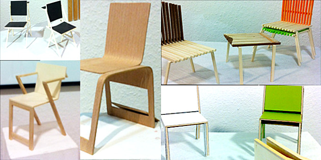 Fotocollage: Projekt: Stühle St. Wolfgang. Verschiedene Entwürfe von Stühlen. Projekt Holzgestaltung 2013, 7. Semester - Modul AKS 225 – Form und Raum / Präsentation