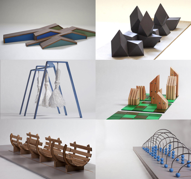 Fotocollage: Kreative Holzmodelle zur Spielplatzgestaltung.